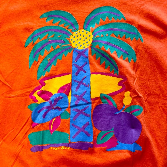 Vintage 1980s Art to Wear Ken Done Palm Tree Graphic Print Single-Stitch T-Shirt - Picture 3 of 11